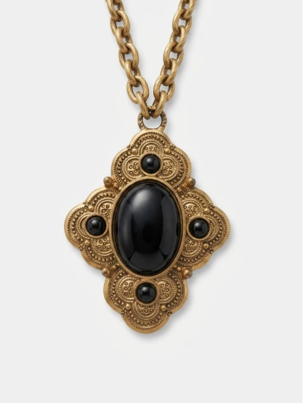 1928 Jewelry Vintage Gold Tone Black Cabochon Pendant Necklace 36" Statement